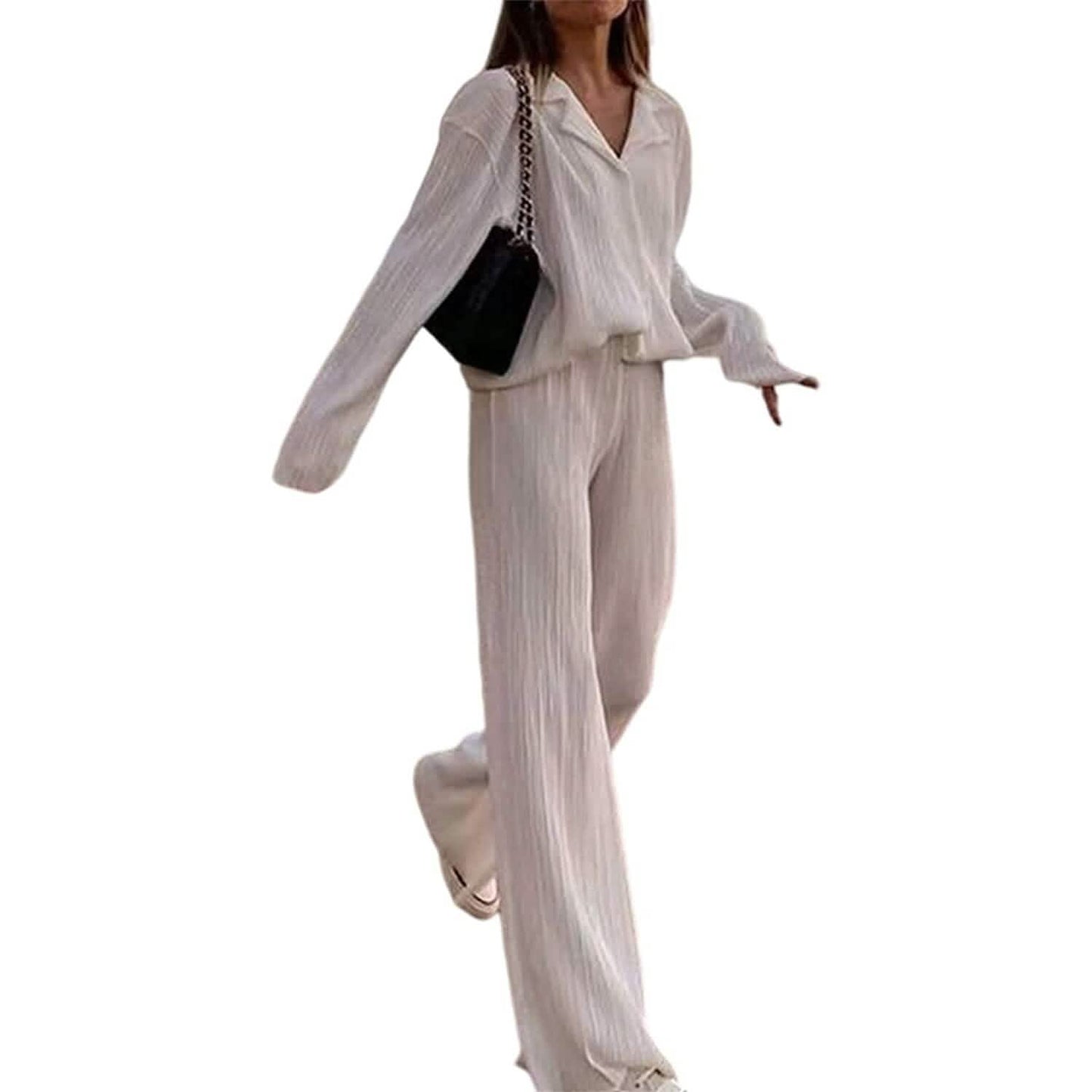 Women's Casual Long Sleeve Button Blouse Top Wide Leg Loose Streetwear Loungewear DailySale