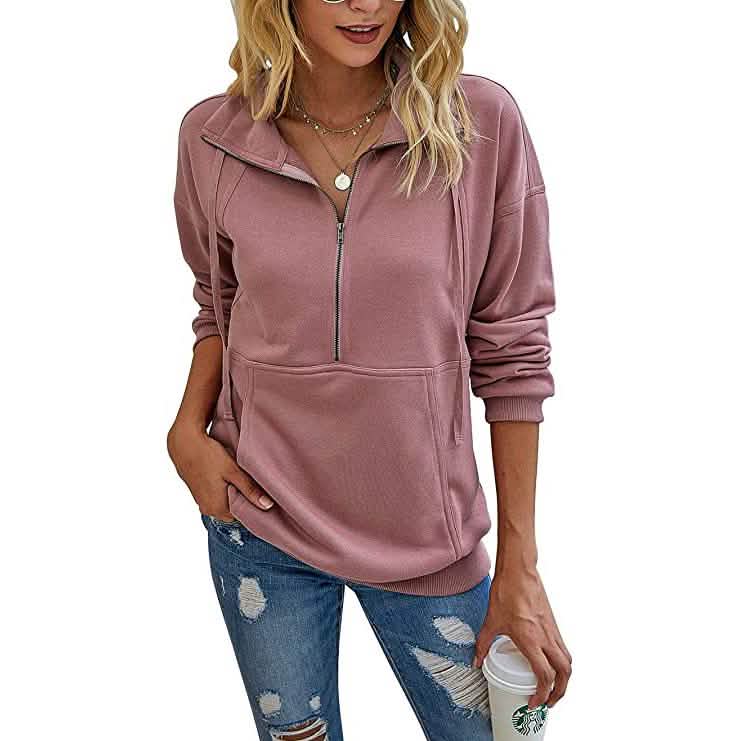 Women's Casual Long Sleeve Lapel Zipper Drawstring Loose Pullover Tops DailySale