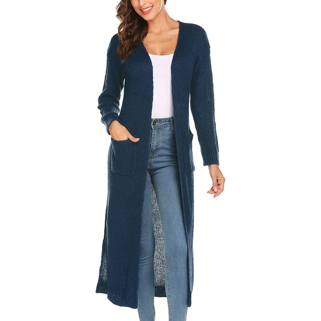 Womens Casual Long Sleeve Split Open Cardigan Knit Long Cardigan Sweaters with Pockets DailySale