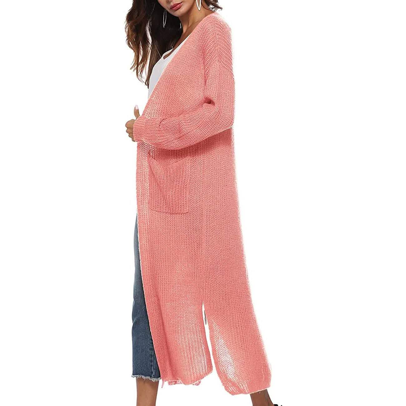 Womens Casual Long Sleeve Split Open Cardigan Knit Long Cardigan Sweaters with Pockets DailySale
