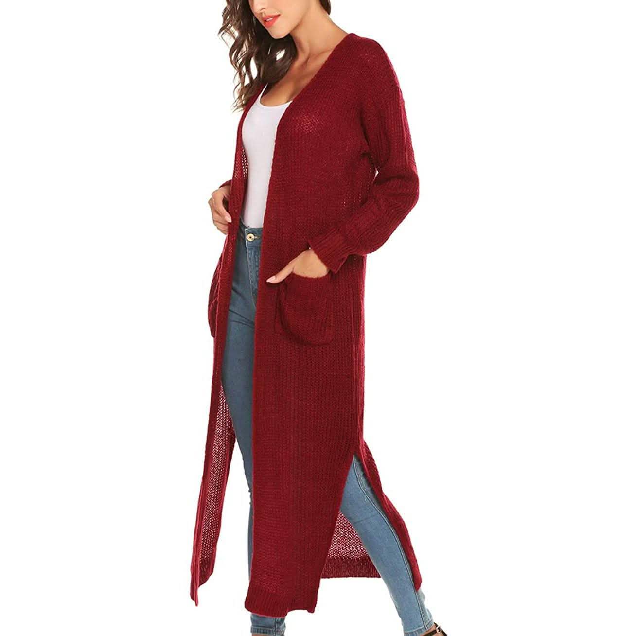 Womens Casual Long Sleeve Split Open Cardigan Knit Long Cardigan Sweaters with Pockets DailySale