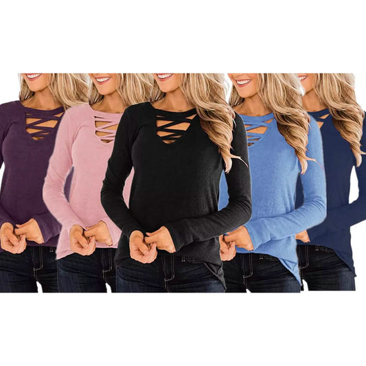 Women's Casual Long Sleeve T-Shirt Criss Cross V-Neck Basic Tees Tops DailySale