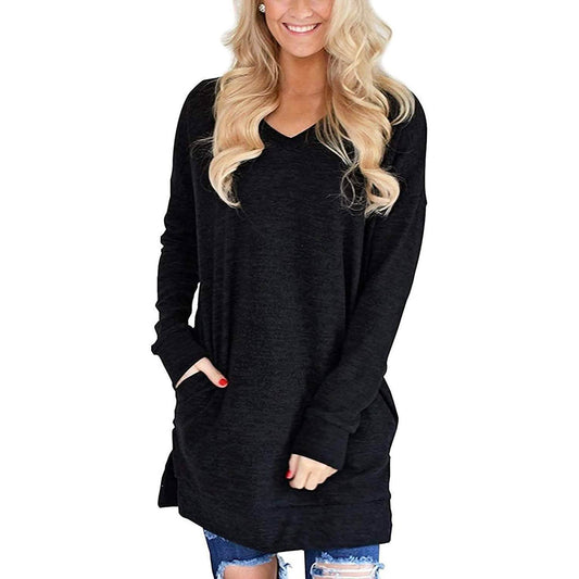 Womens Casual Long Sleeves Solid V-Neck Tunics Shirt Tops with Pockets DailySale