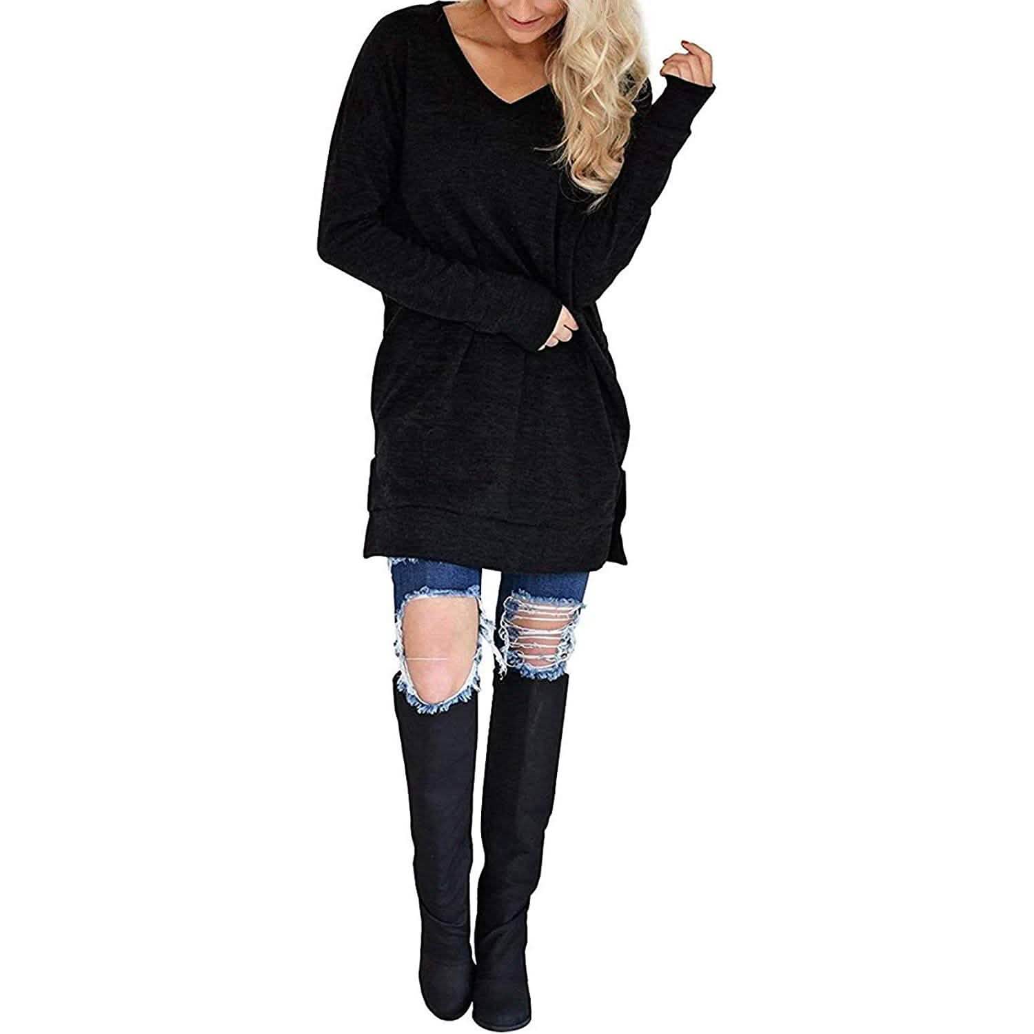 Womens Casual Long Sleeves Solid V-Neck Tunics Shirt Tops with Pockets DailySale