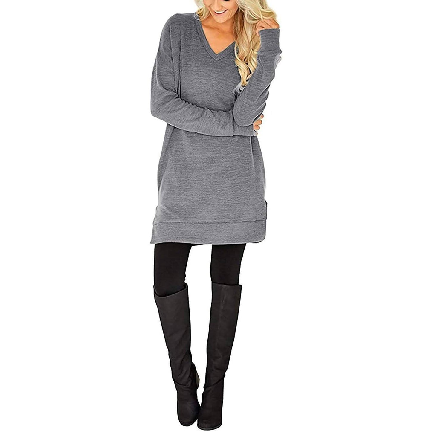 Womens Casual Long Sleeves Solid V-Neck Tunics Shirt Tops with Pockets DailySale