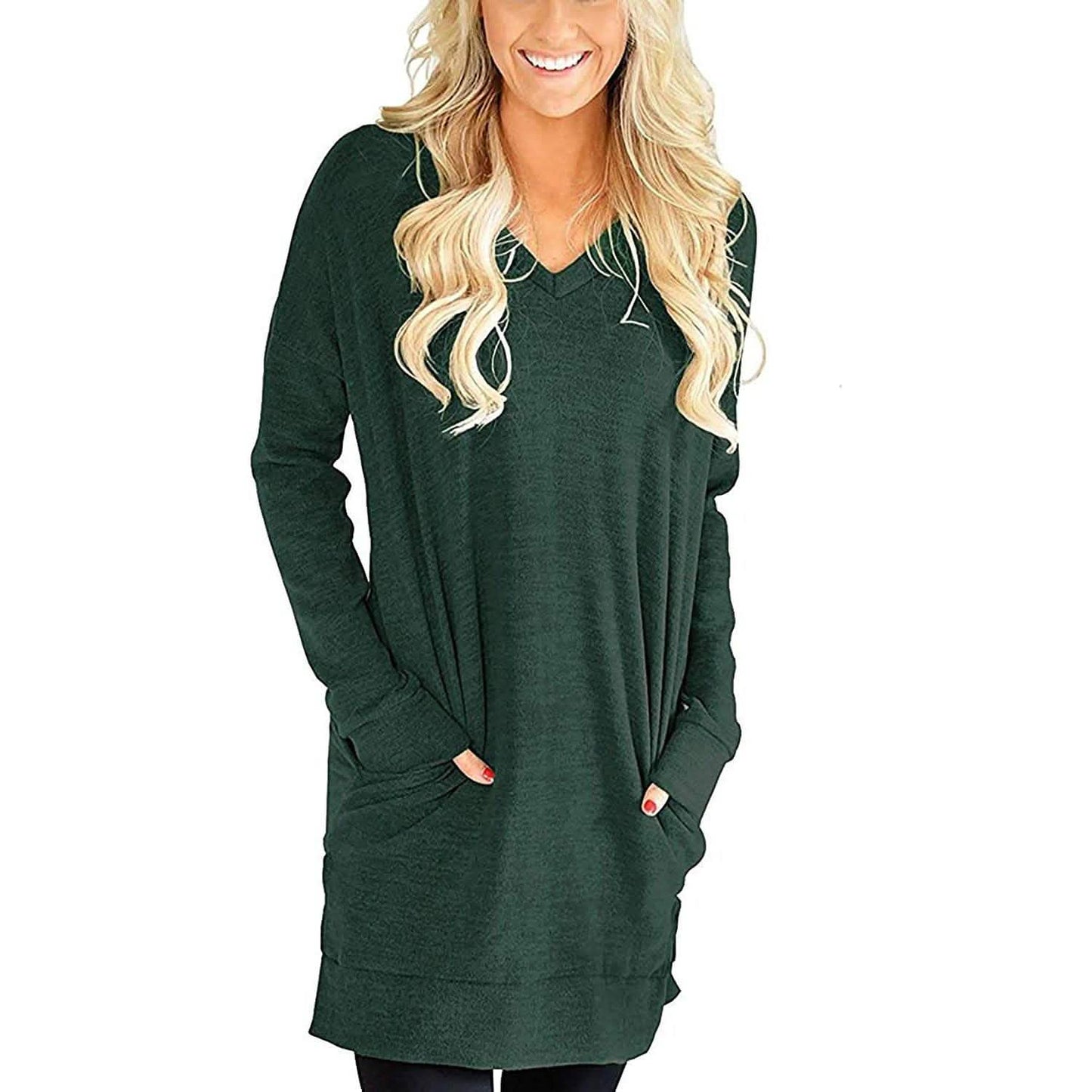 Womens Casual Long Sleeves Solid V-Neck Tunics Shirt Tops with Pockets DailySale