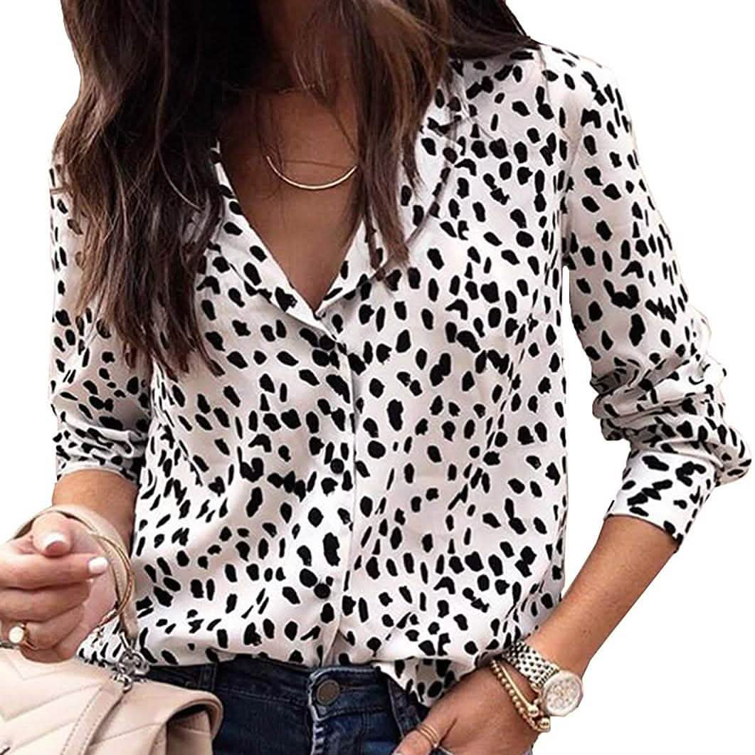 Womens Casual Tops V Neck Leopard Tunic Long Sleeve Button Down Shirts Top DailySale
