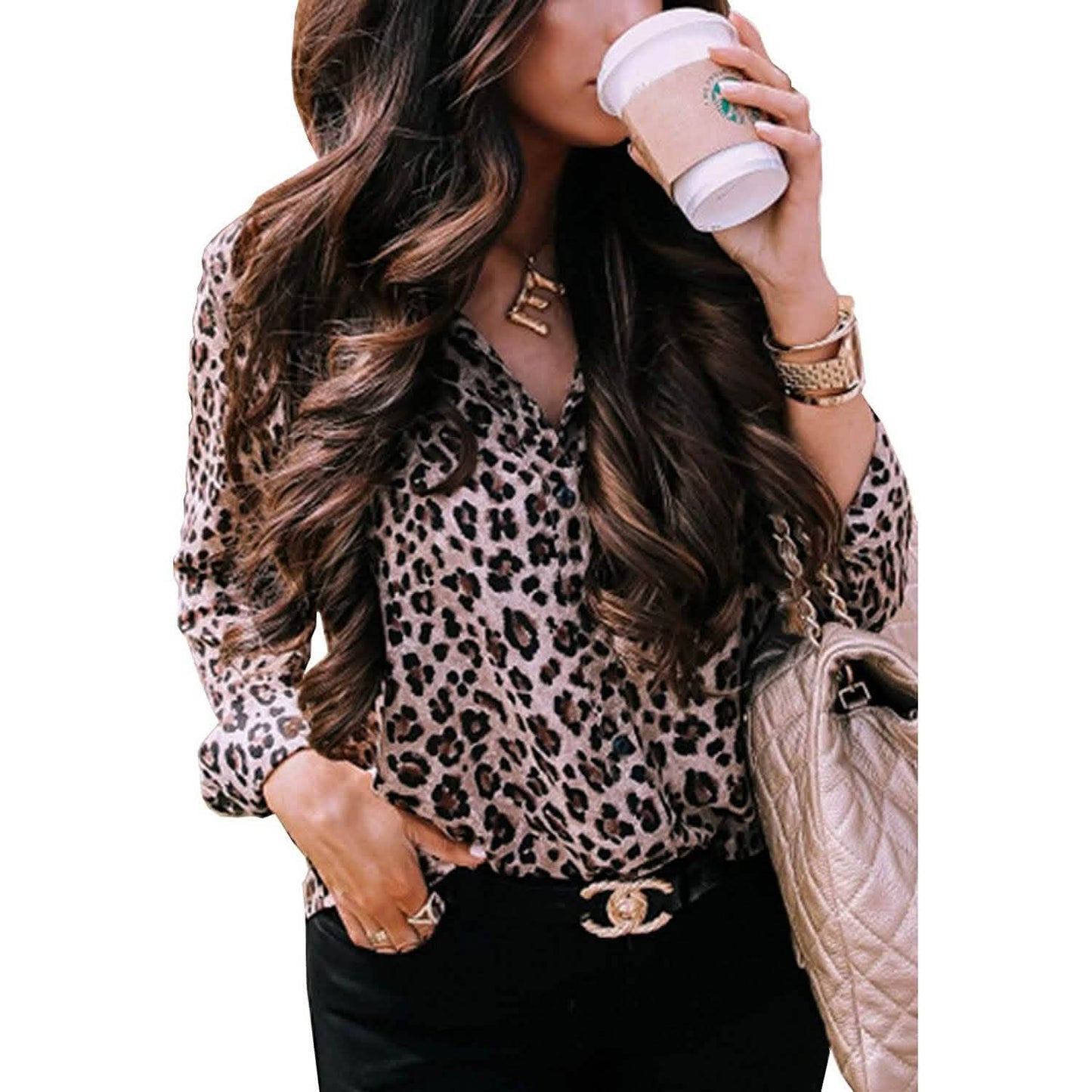 Womens Casual Tops V Neck Leopard Tunic Long Sleeve Button Down Shirts Top DailySale