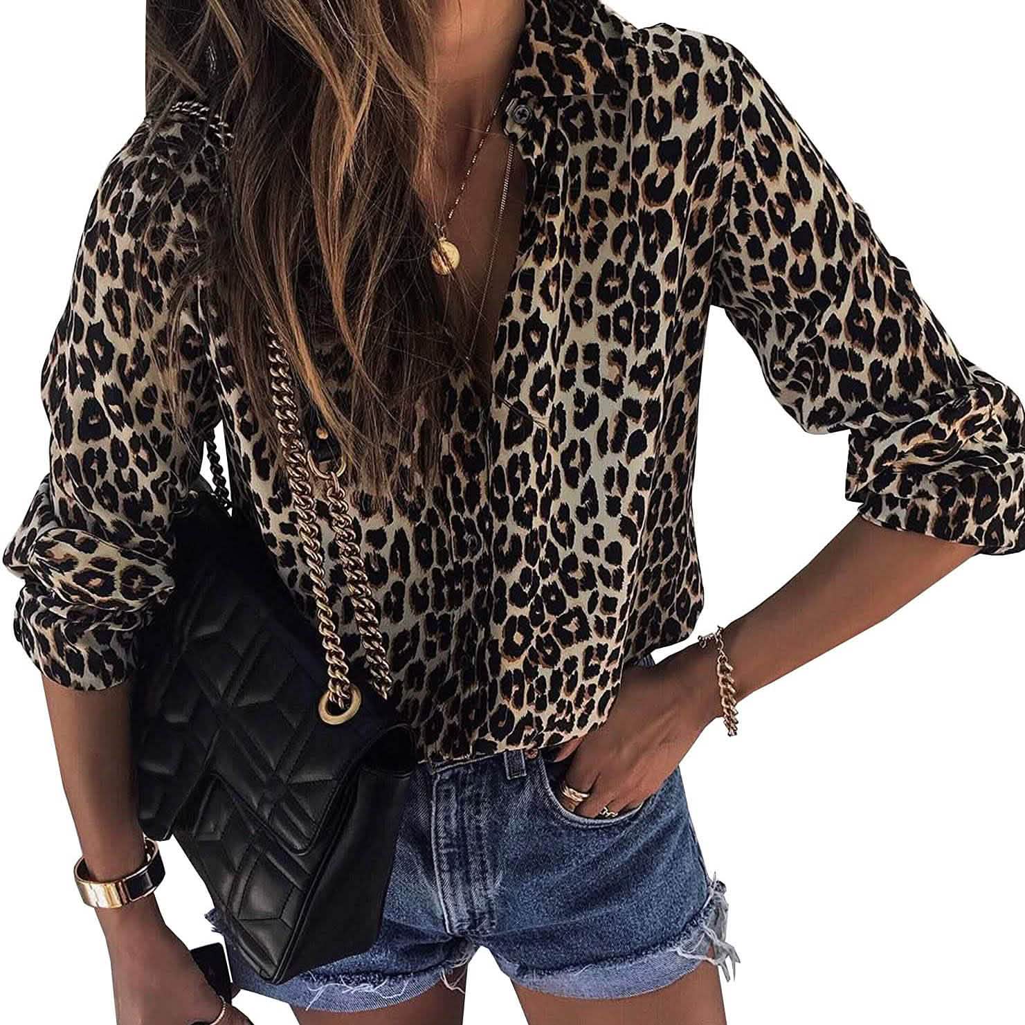 Womens Casual Tops V Neck Leopard Tunic Long Sleeve Button Down Shirts Top DailySale