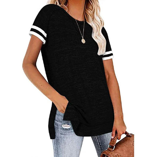 Womens Casual Tunic Tops Short Sleeve Crewneck Side Split Color Block T-Shirt DailySale