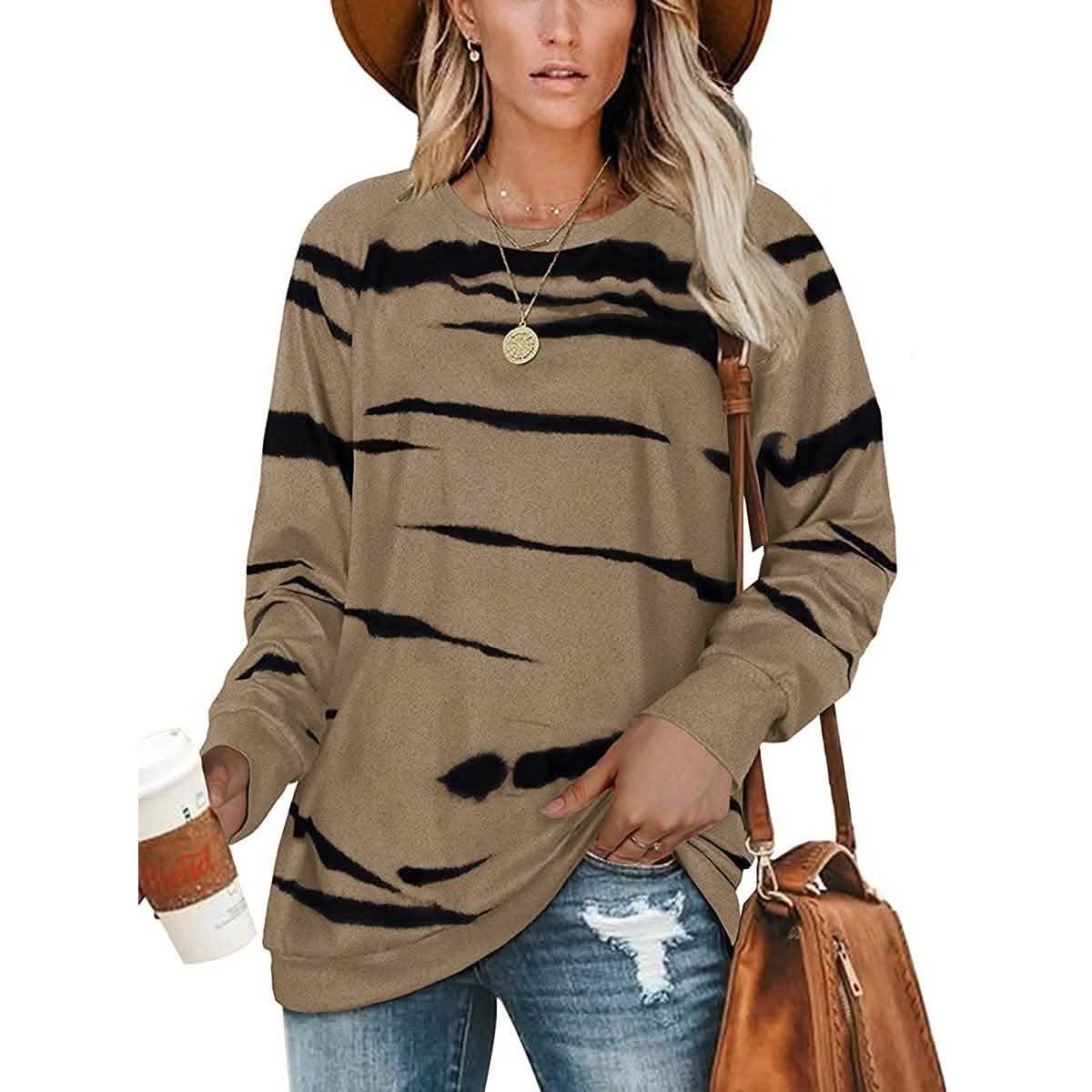 Womens Crewneck Long Sleeve Sweatshirts Striped Casual Tops Printed Loose Pullover Shirts DailySale