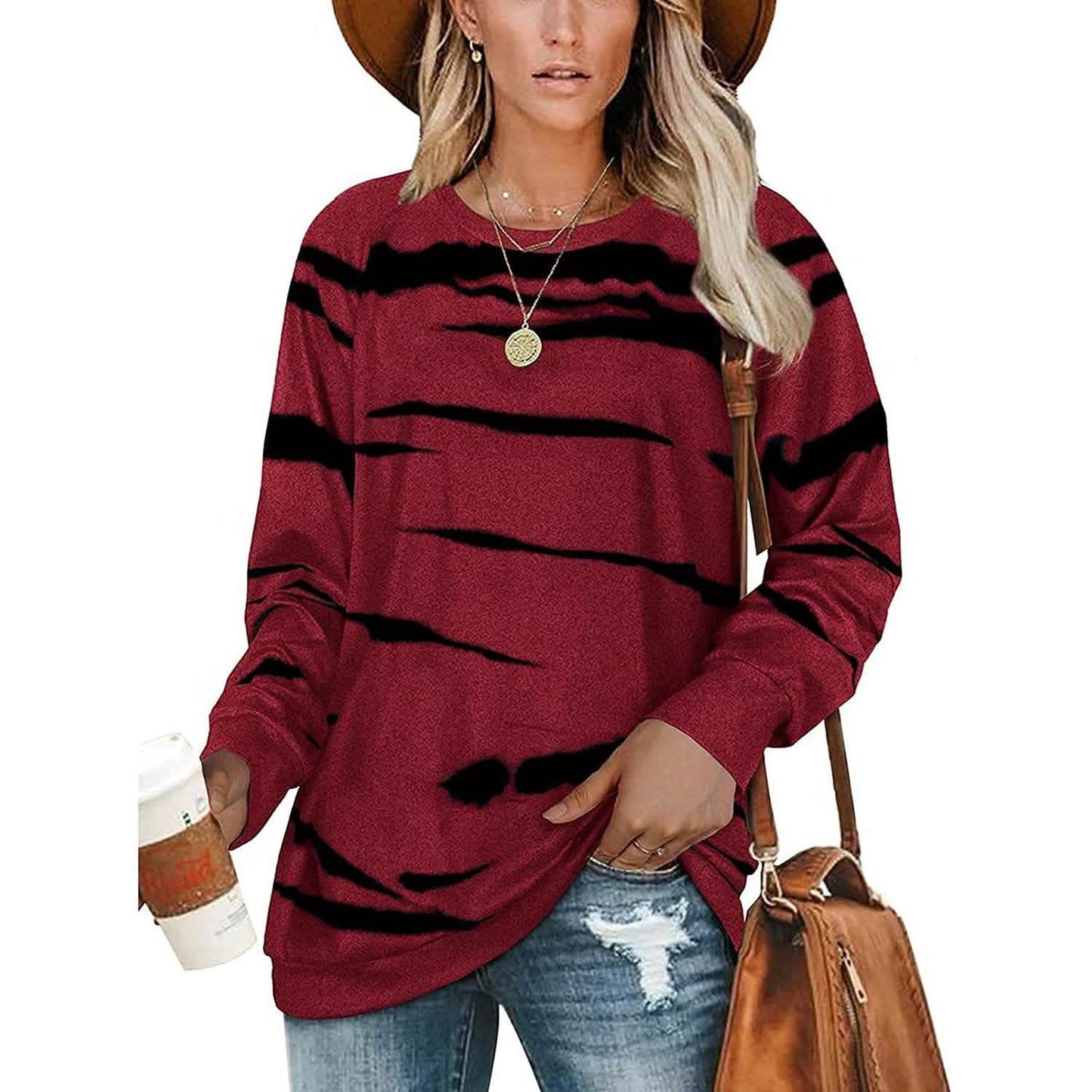 Womens Crewneck Long Sleeve Sweatshirts Striped Casual Tops Printed Loose Pullover Shirts DailySale