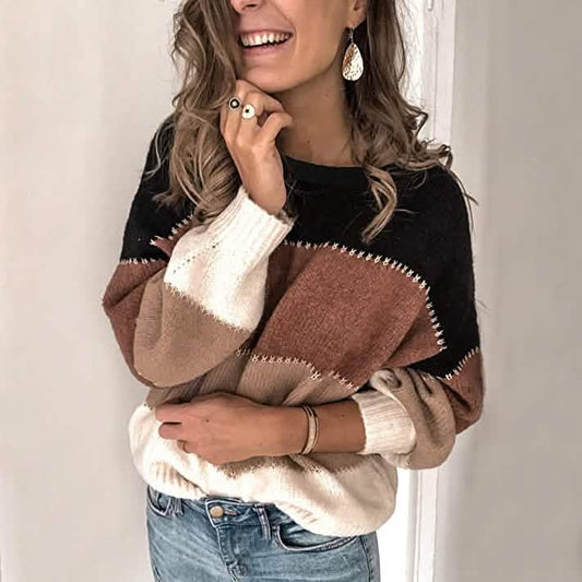 Women's Crewneck Patchwork Pullover Knit Sweater Top DailySale