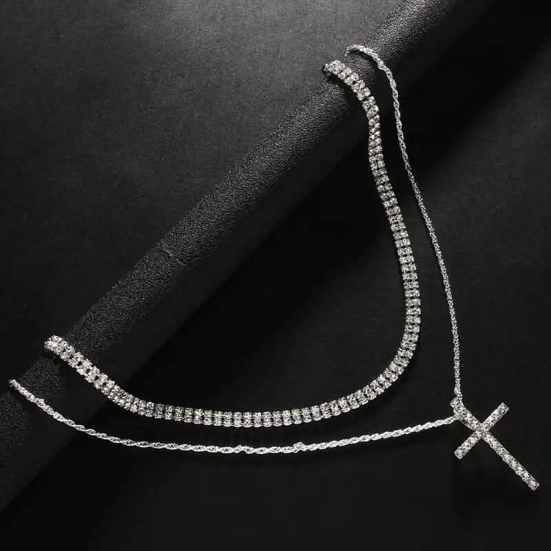 Women's Double Layer Artificial Crystal Cross Pendant Necklace DailySale