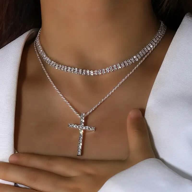 Women's Double Layer Artificial Crystal Cross Pendant Necklace DailySale