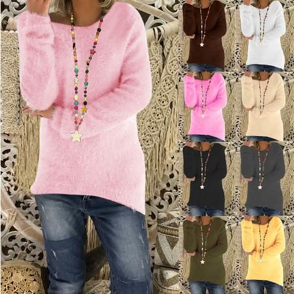 Women's Fashion Autumn and Winter Long Sleeve Knitted Sweaters Solid Color Warm Pullover Tops DailySale