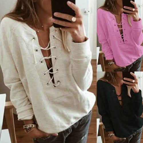 Women's Fashion Lace Up Deep V-neck Casual Long Sleeves DailySale