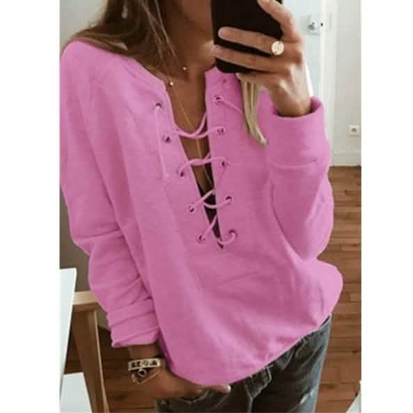 Women's Fashion Lace Up Deep V-neck Casual Long Sleeves DailySale