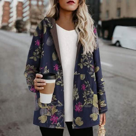 Women's Fashion Leaves Floral Print Fluffy Fur Hooded Long Sleeve Vintage Casual Coat DailySale