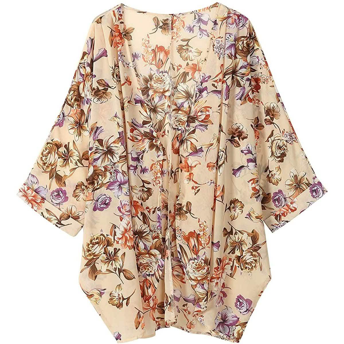 Women's Floral Print Sheer Chiffon Loose Kimono Cardigan Capes DailySale