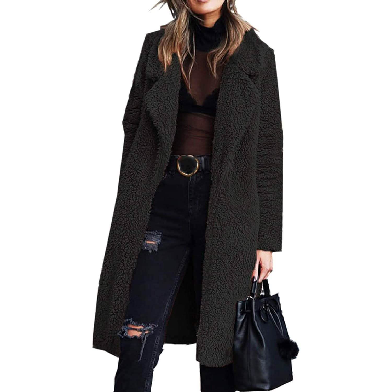 Women's Fuzzy Fleece Lapel Open Front Long Cardigan Coat DailySale