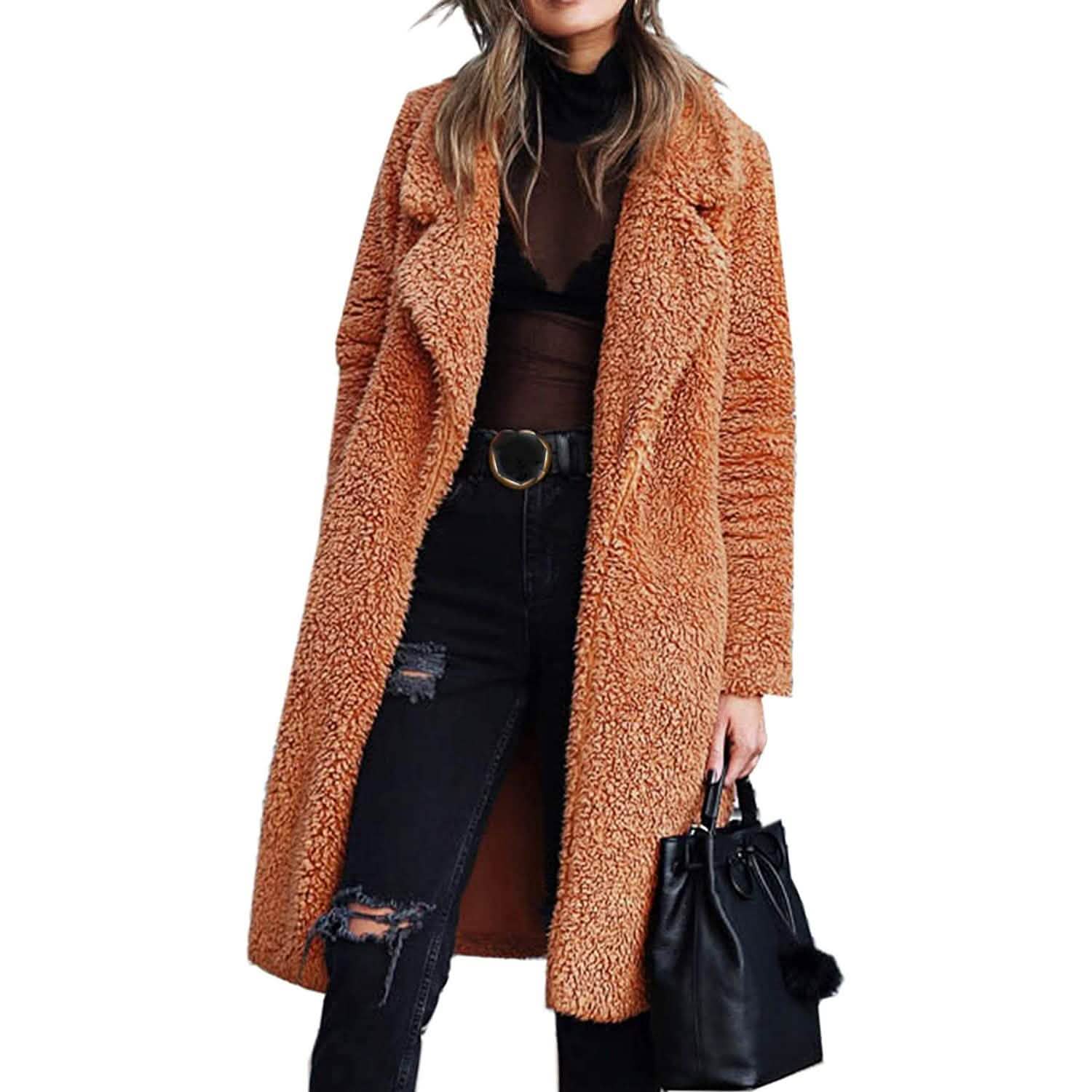Women's Fuzzy Fleece Lapel Open Front Long Cardigan Coat DailySale