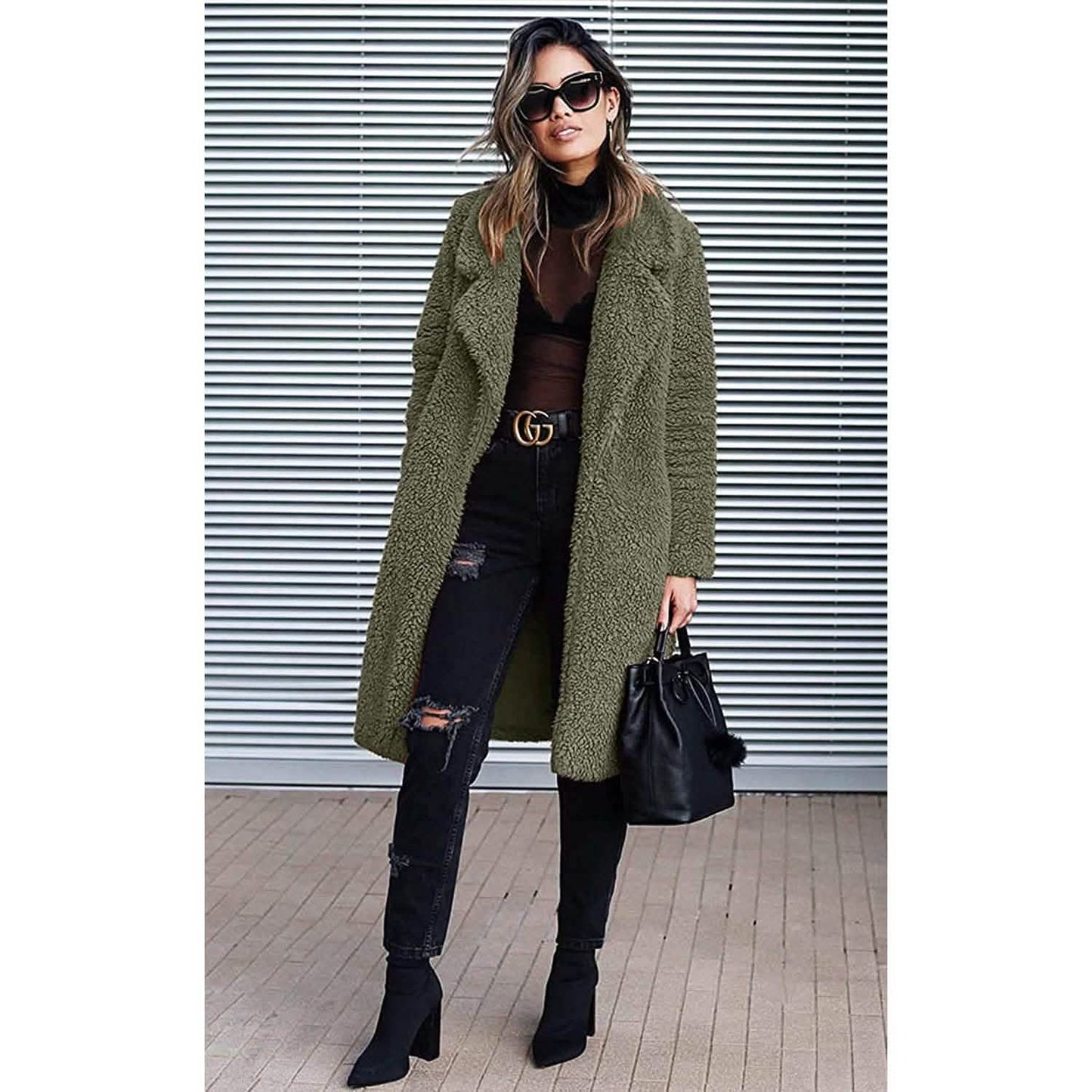 Women's Fuzzy Fleece Lapel Open Front Long Cardigan Coat DailySale