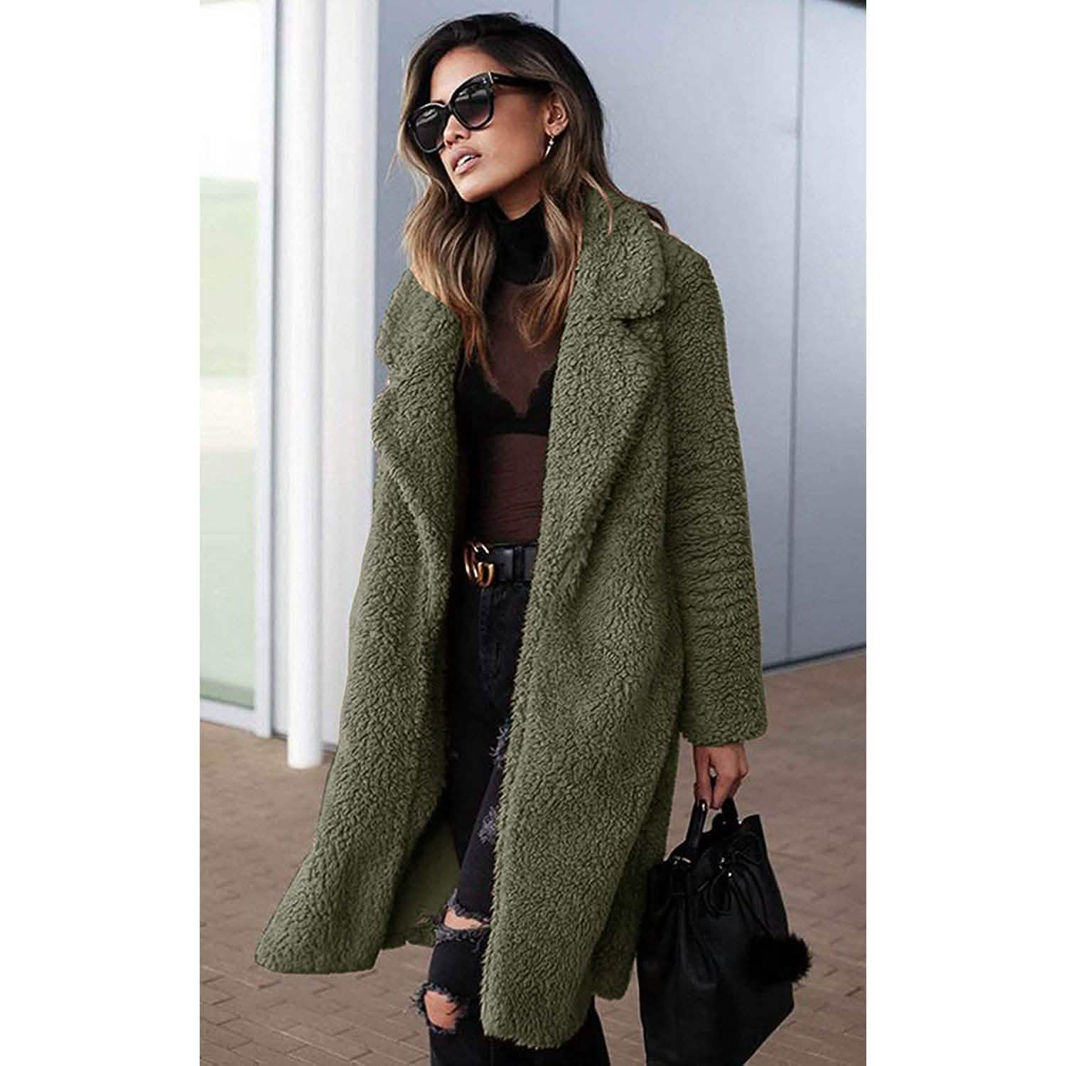 Women's Fuzzy Fleece Lapel Open Front Long Cardigan Coat DailySale