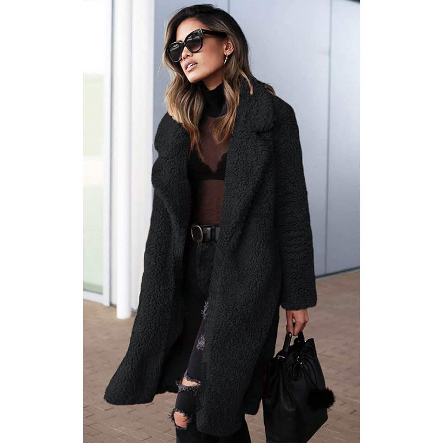 Women's Fuzzy Fleece Lapel Open Front Long Cardigan Coat DailySale