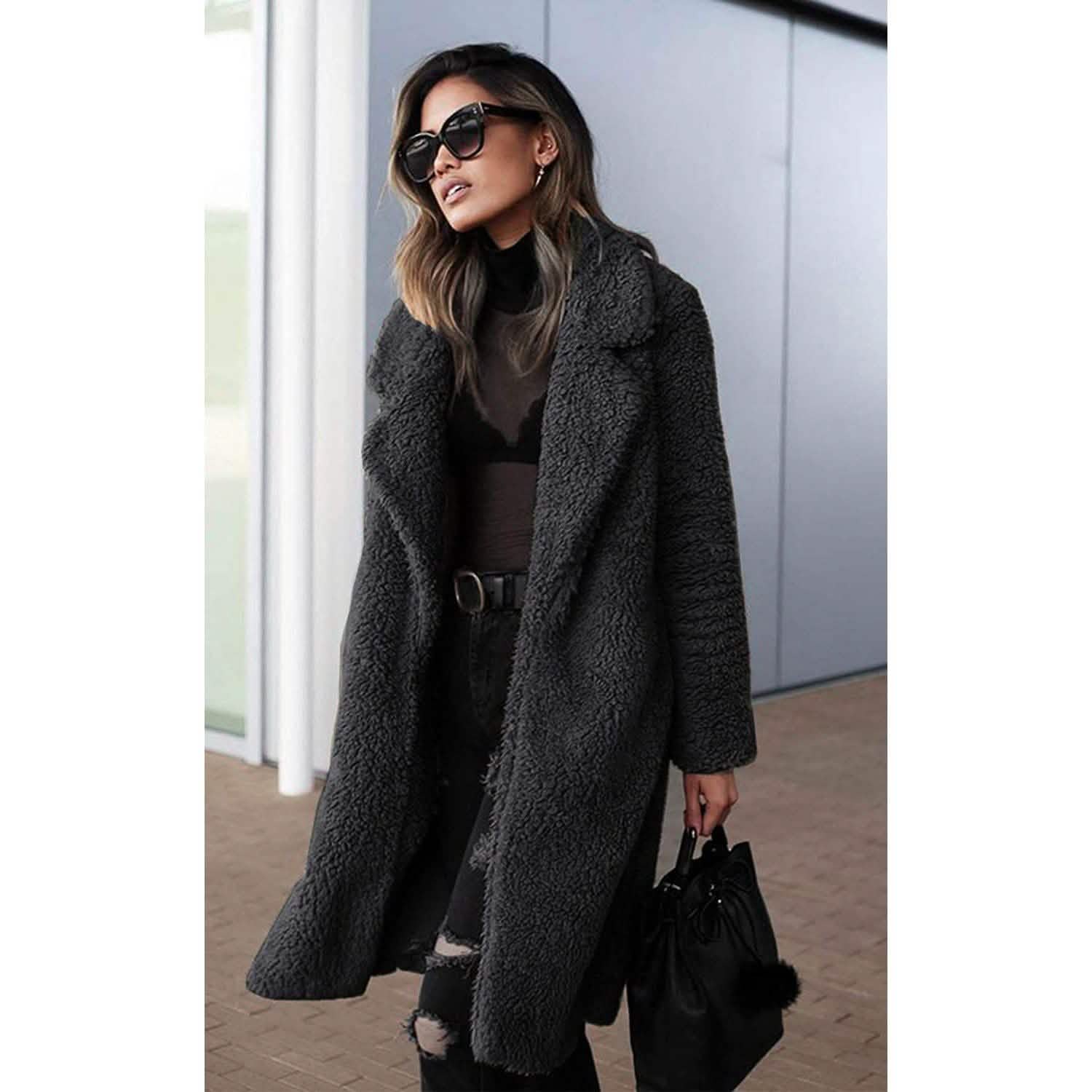 Women's Fuzzy Fleece Lapel Open Front Long Cardigan Coat DailySale