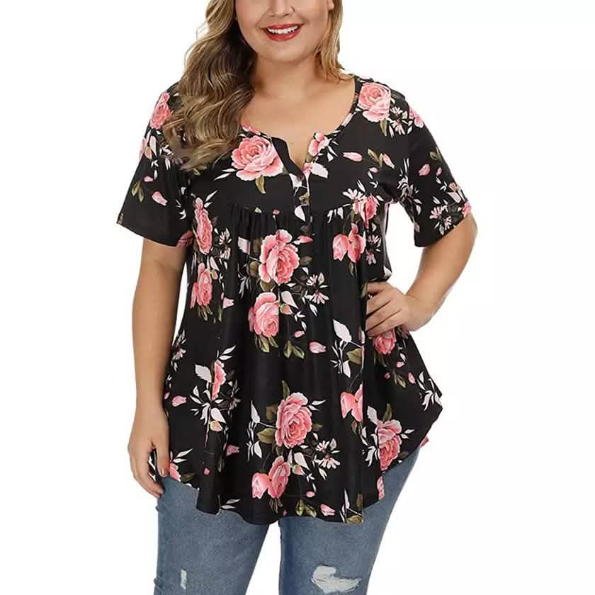 Women's Henley Shirts Floral Tunic Tops Short Sleeve Blouses DailySale