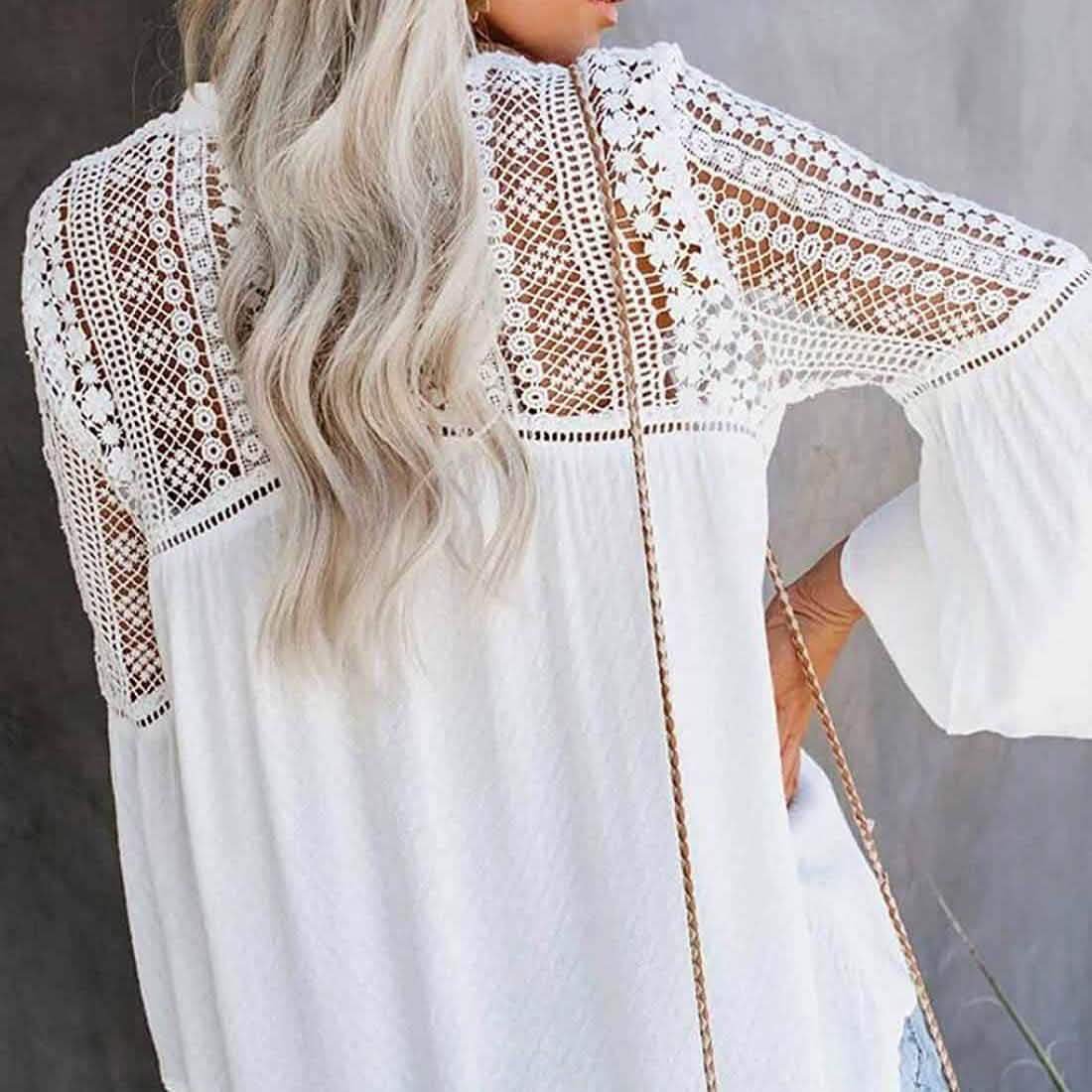 Women's Lace Crochet V Neck 3/4 Sleeve Button Down Blouses Casual Shirts Tops DailySale