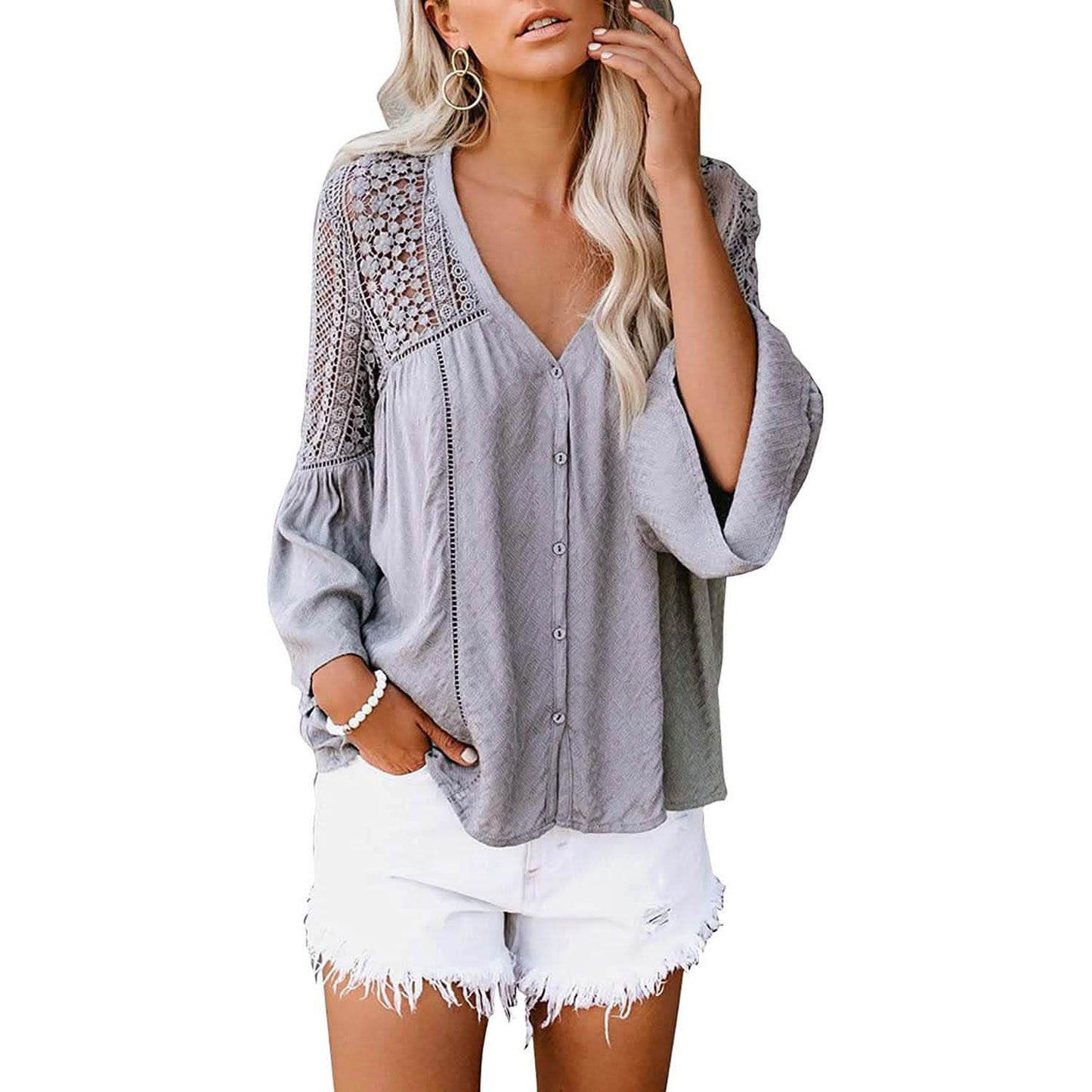 Women's Lace Crochet V Neck 3/4 Sleeve Button Down Blouses Casual Shirts Tops DailySale
