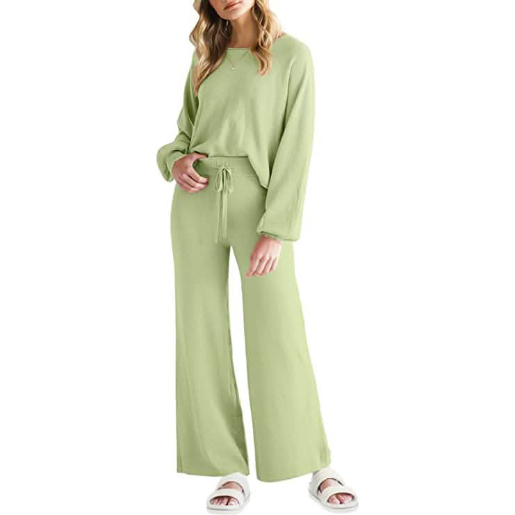 Women's Long Lantern Sleeve Crop Top with Wide Leg Pants Lounge Set DailySale