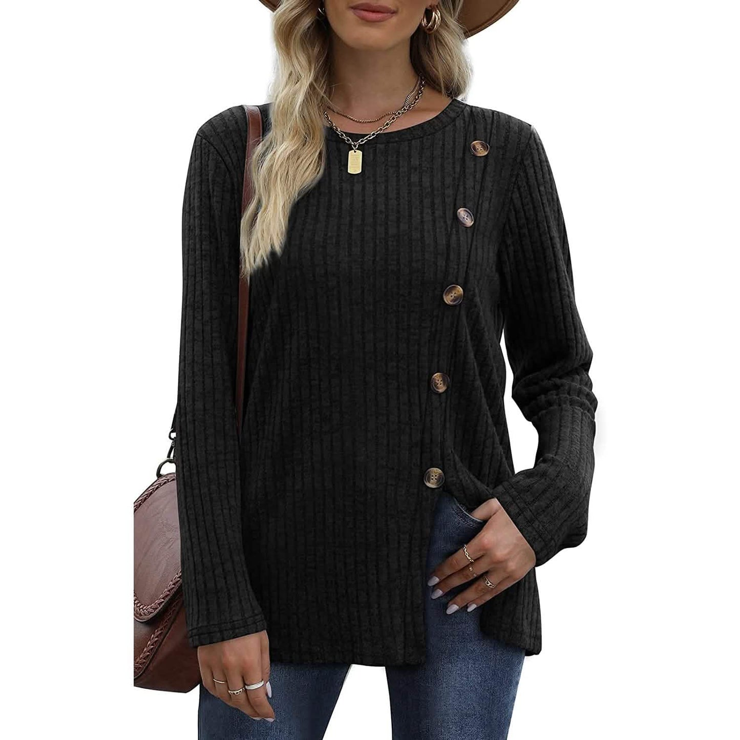 Women's Long Sleeve Crew Neck Tunic Tops Buttons Side DailySale