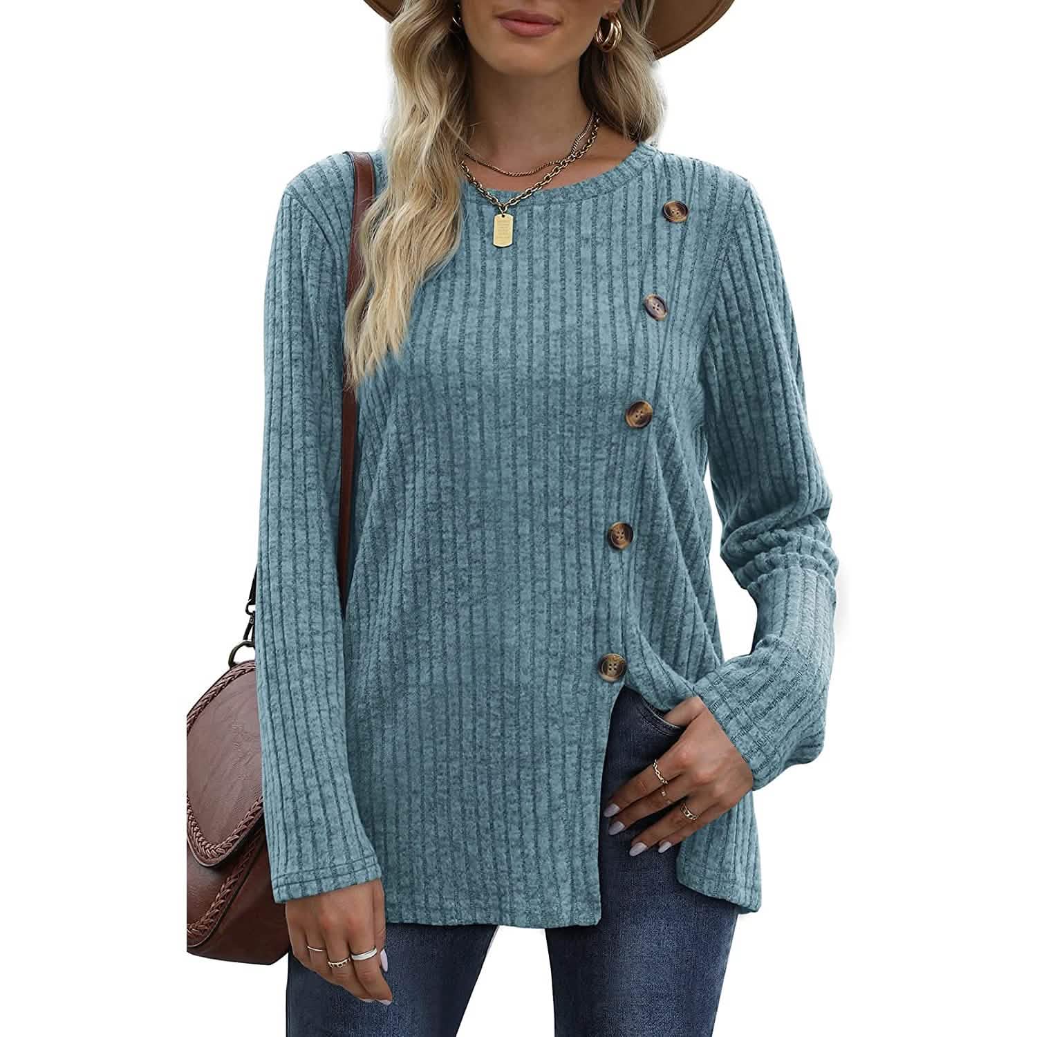 Women's Long Sleeve Crew Neck Tunic Tops Buttons Side DailySale