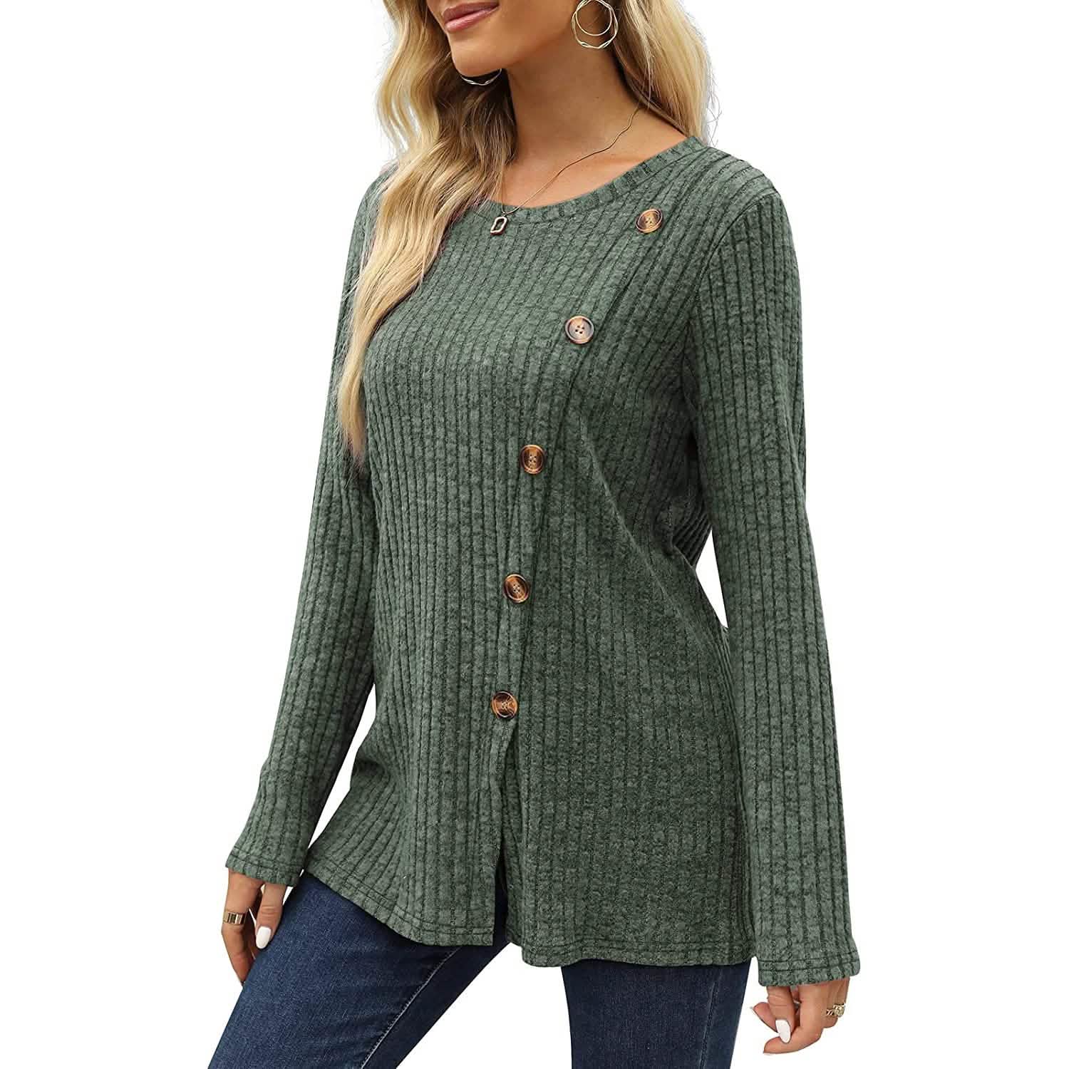 Women's Long Sleeve Crew Neck Tunic Tops Buttons Side DailySale
