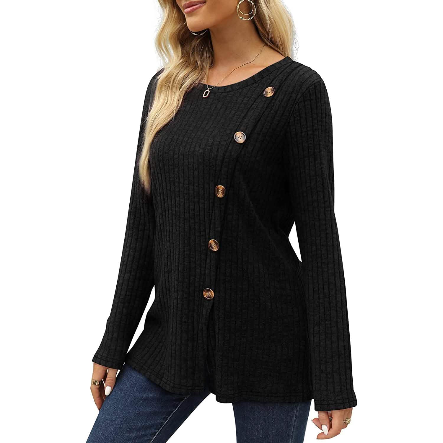 Women's Long Sleeve Crew Neck Tunic Tops Buttons Side DailySale