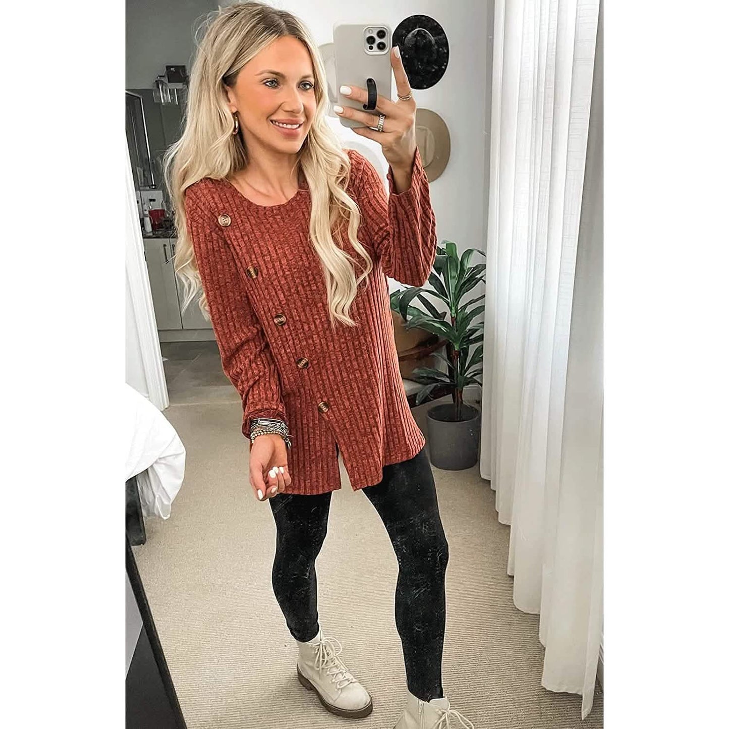 Women's Long Sleeve Crew Neck Tunic Tops Buttons Side DailySale