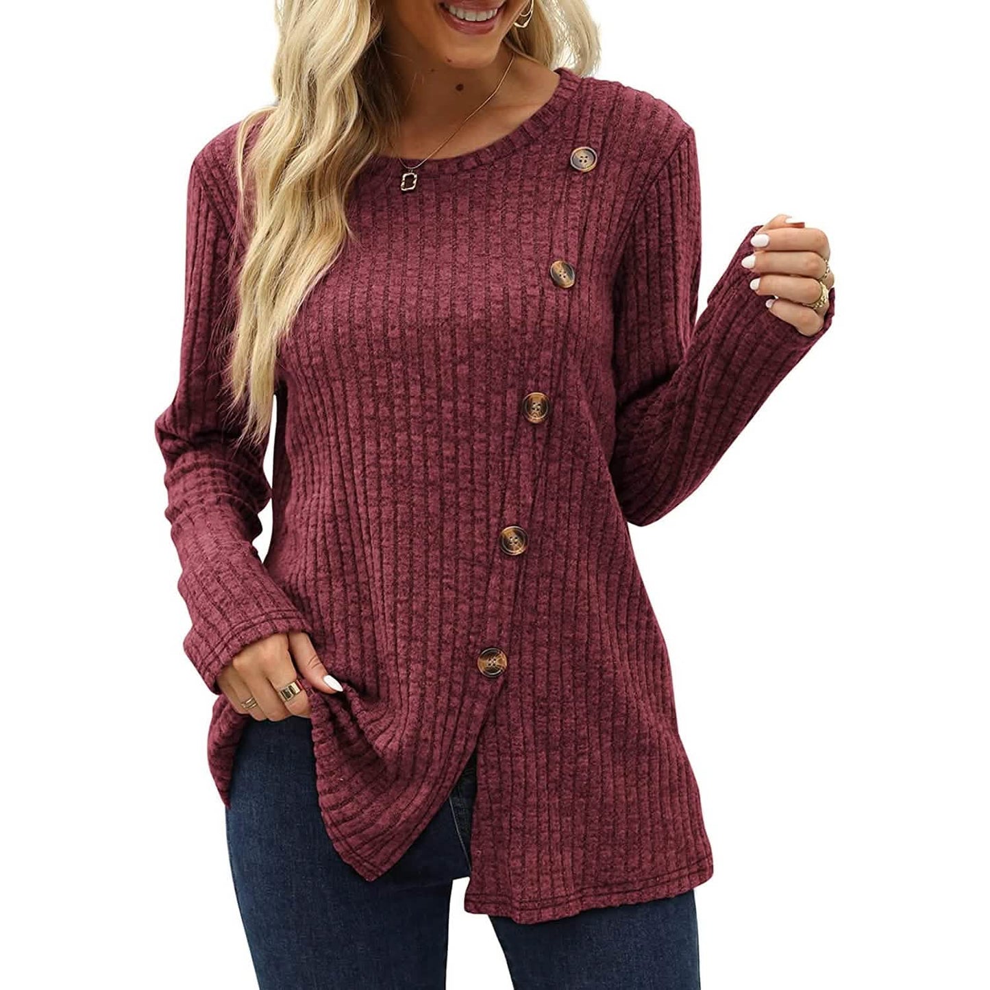 Women's Long Sleeve Crew Neck Tunic Tops Buttons Side DailySale