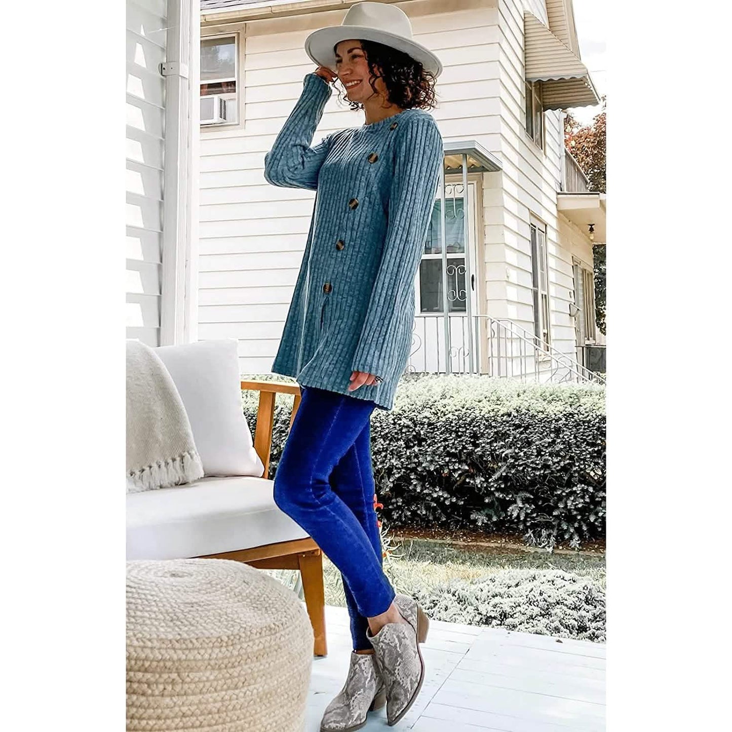 Women's Long Sleeve Crew Neck Tunic Tops Buttons Side DailySale