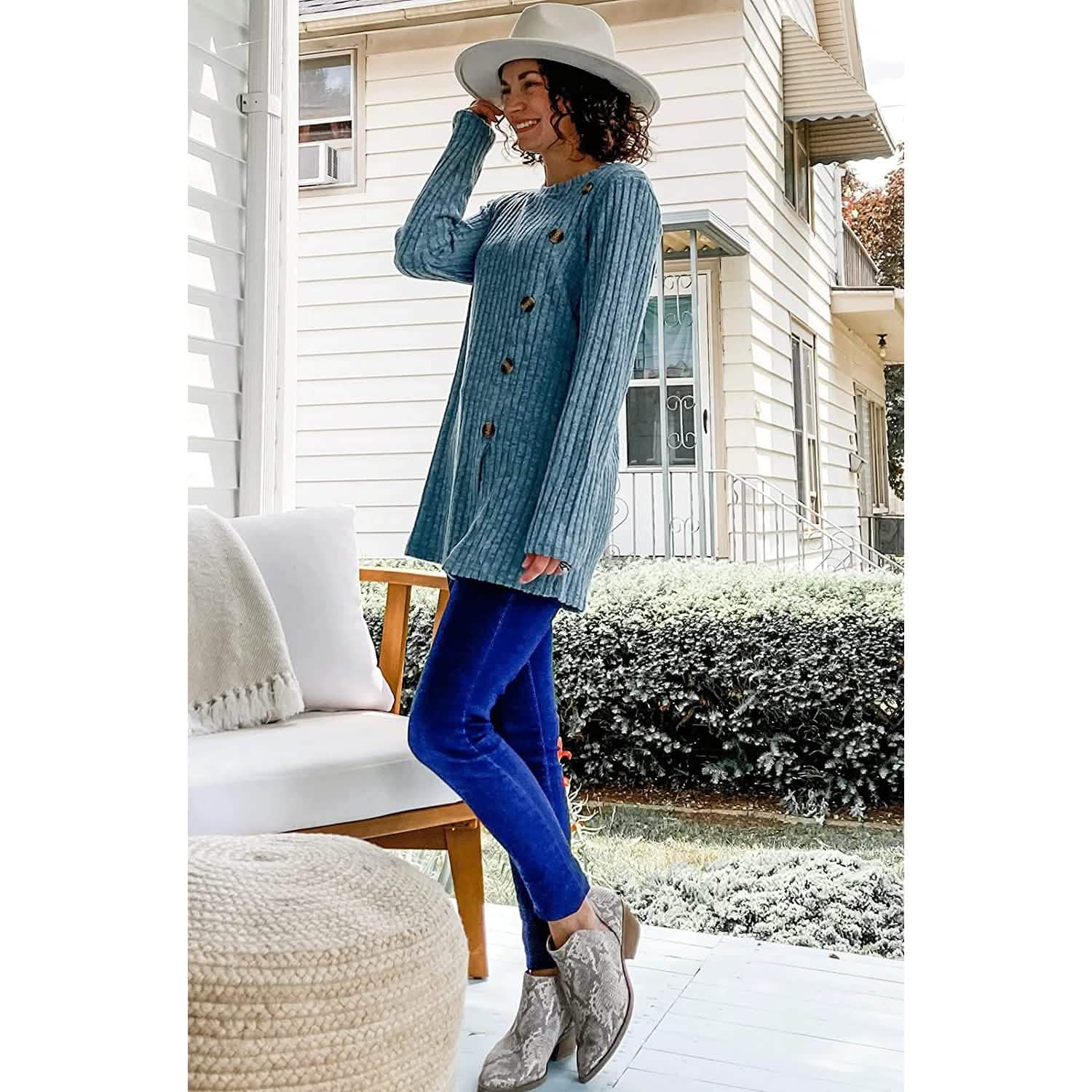 Women's Long Sleeve Crew Neck Tunic Tops Buttons Side DailySale