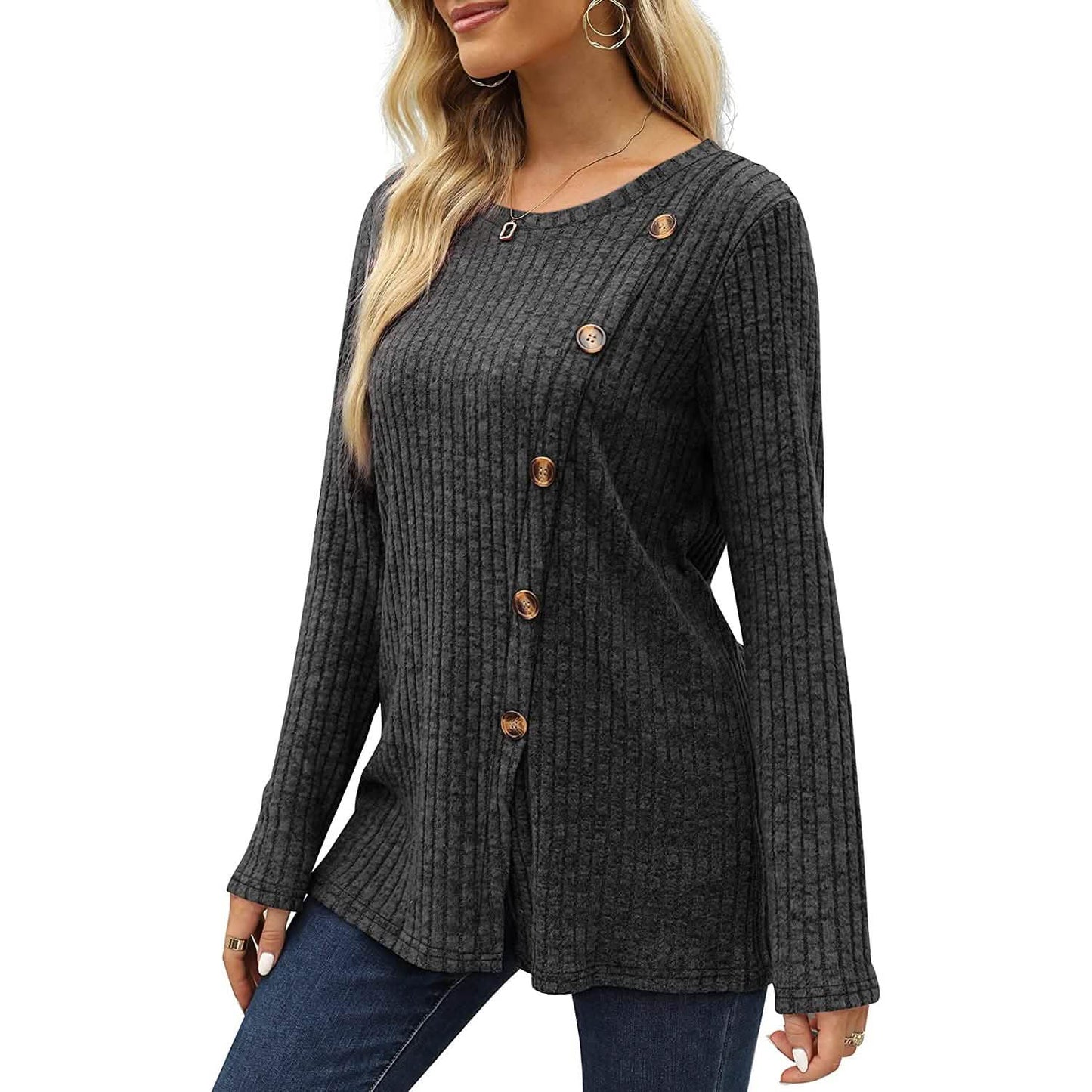 Women's Long Sleeve Crew Neck Tunic Tops Buttons Side DailySale