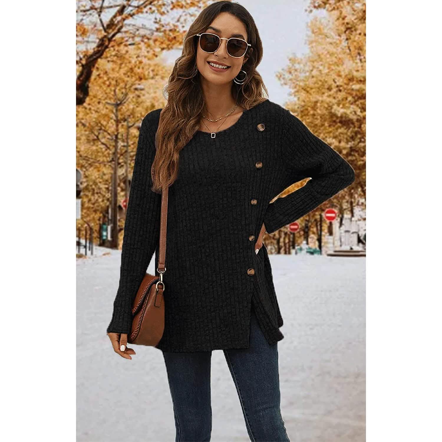 Women's Long Sleeve Crew Neck Tunic Tops Buttons Side DailySale