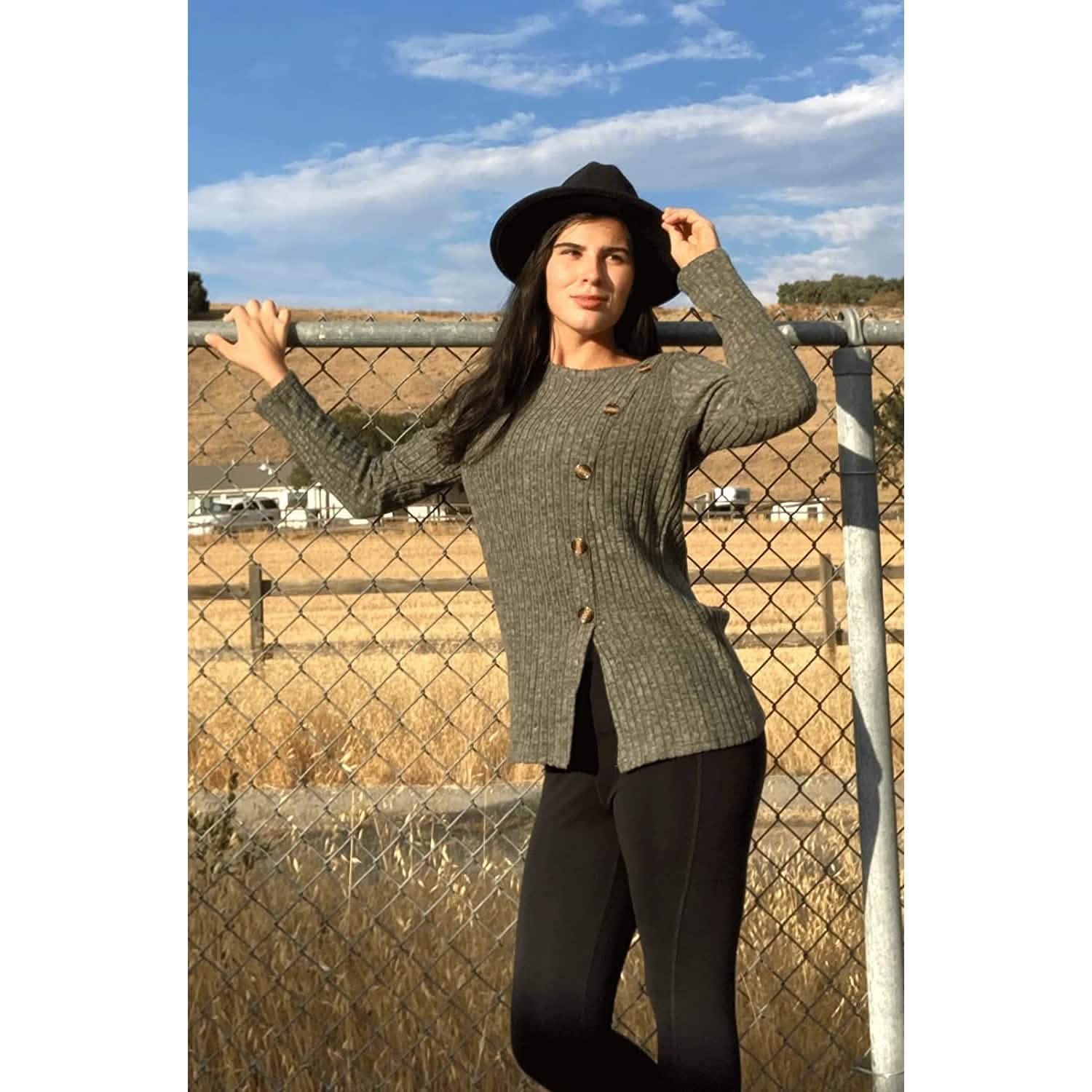 Women's Long Sleeve Crew Neck Tunic Tops Buttons Side DailySale