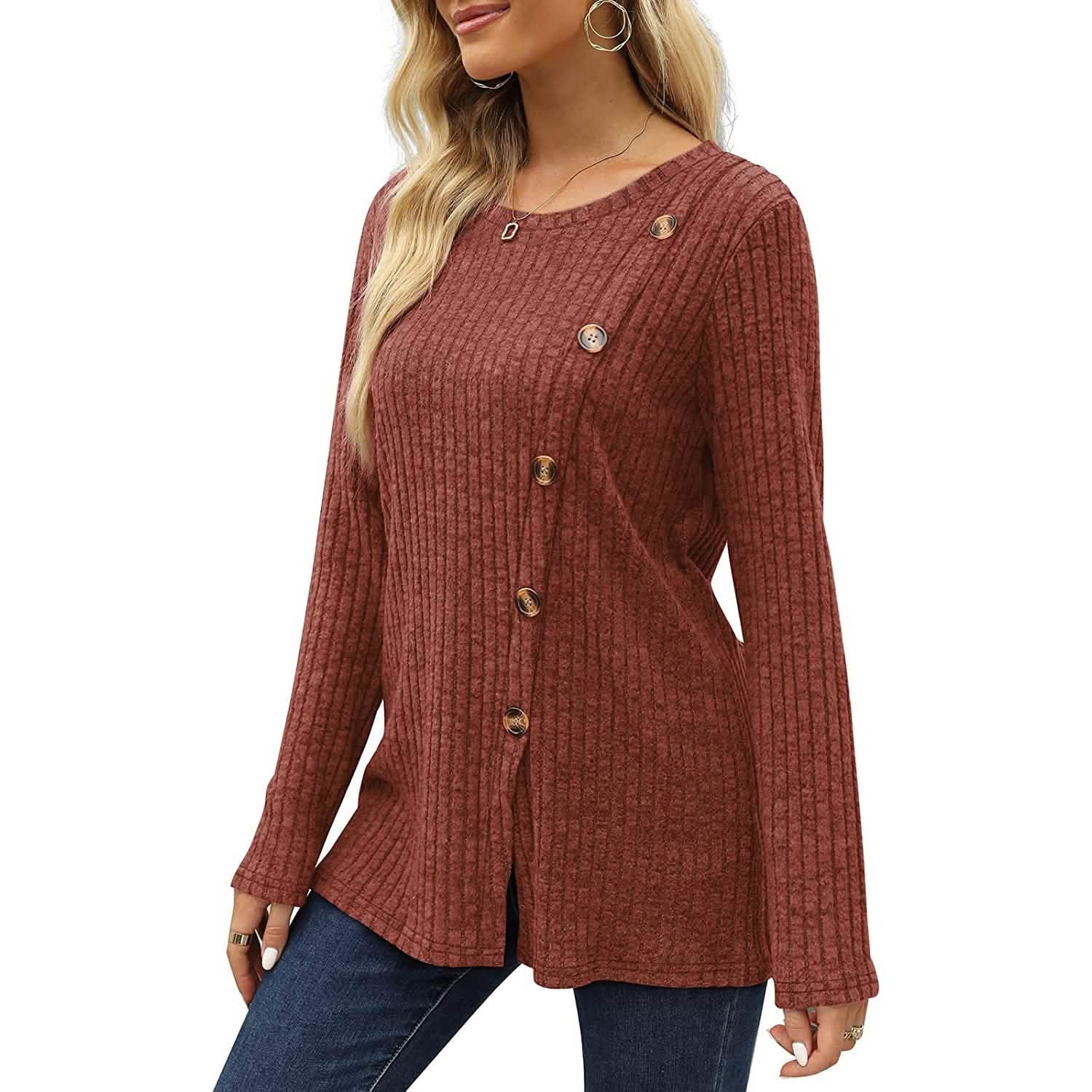 Women's Long Sleeve Crew Neck Tunic Tops Buttons Side DailySale