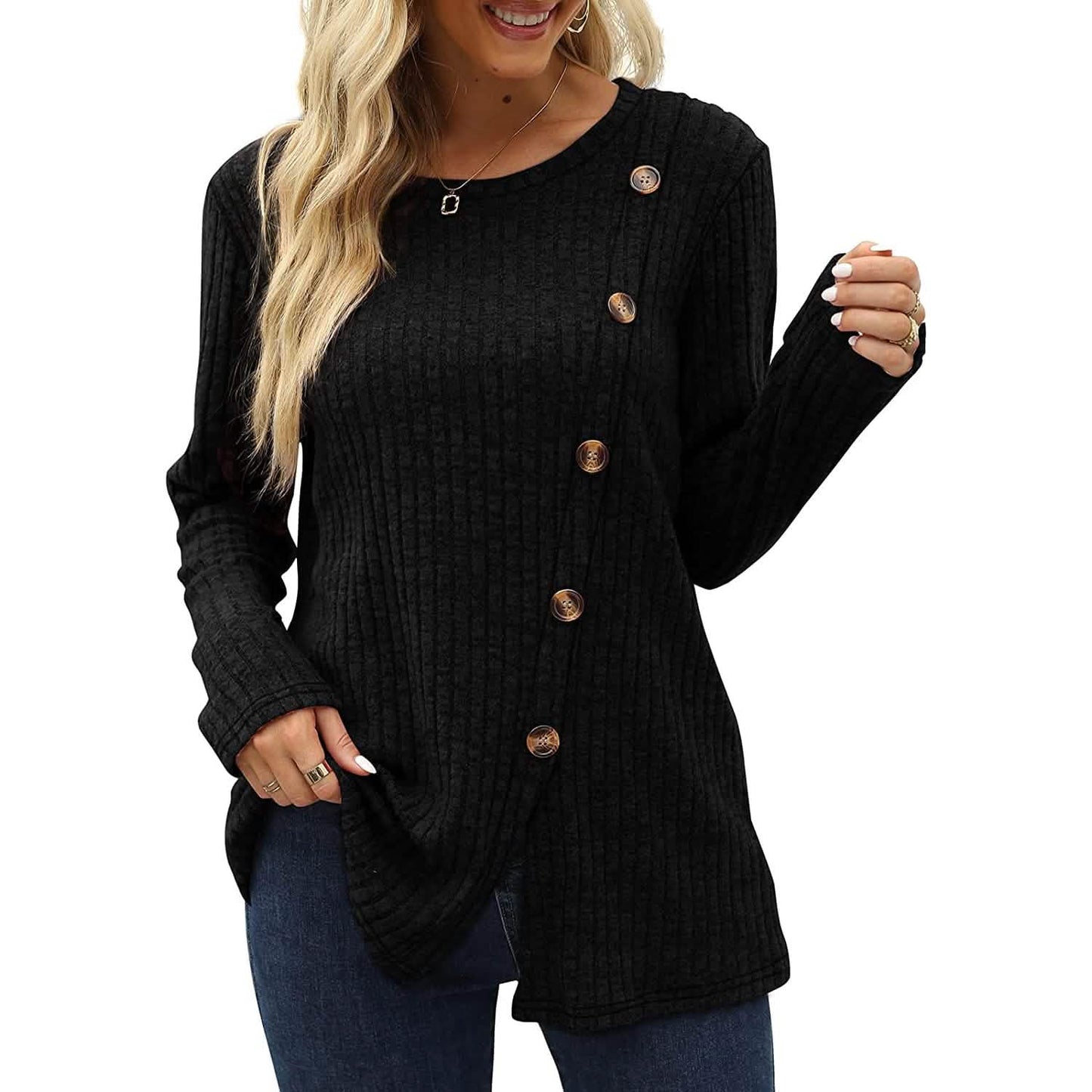 Women's Long Sleeve Crew Neck Tunic Tops Buttons Side DailySale