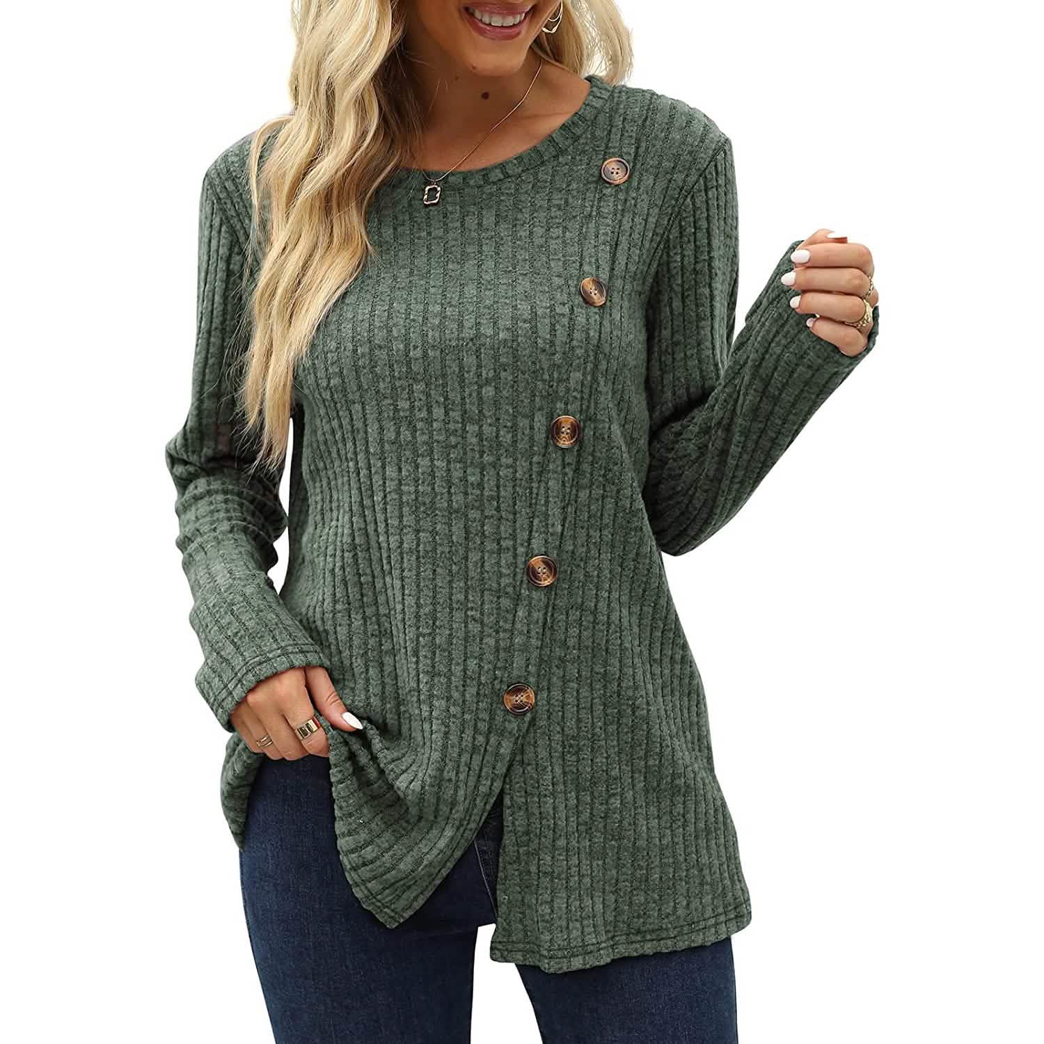 Women's Long Sleeve Crew Neck Tunic Tops Buttons Side DailySale
