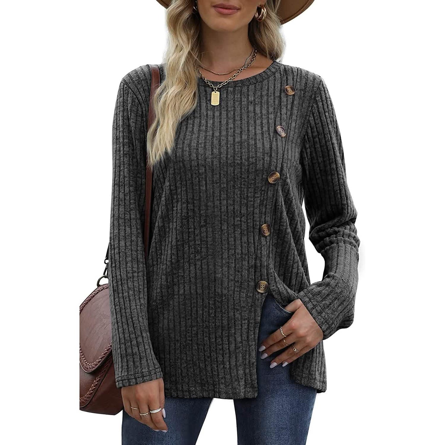 Women's Long Sleeve Crew Neck Tunic Tops Buttons Side DailySale