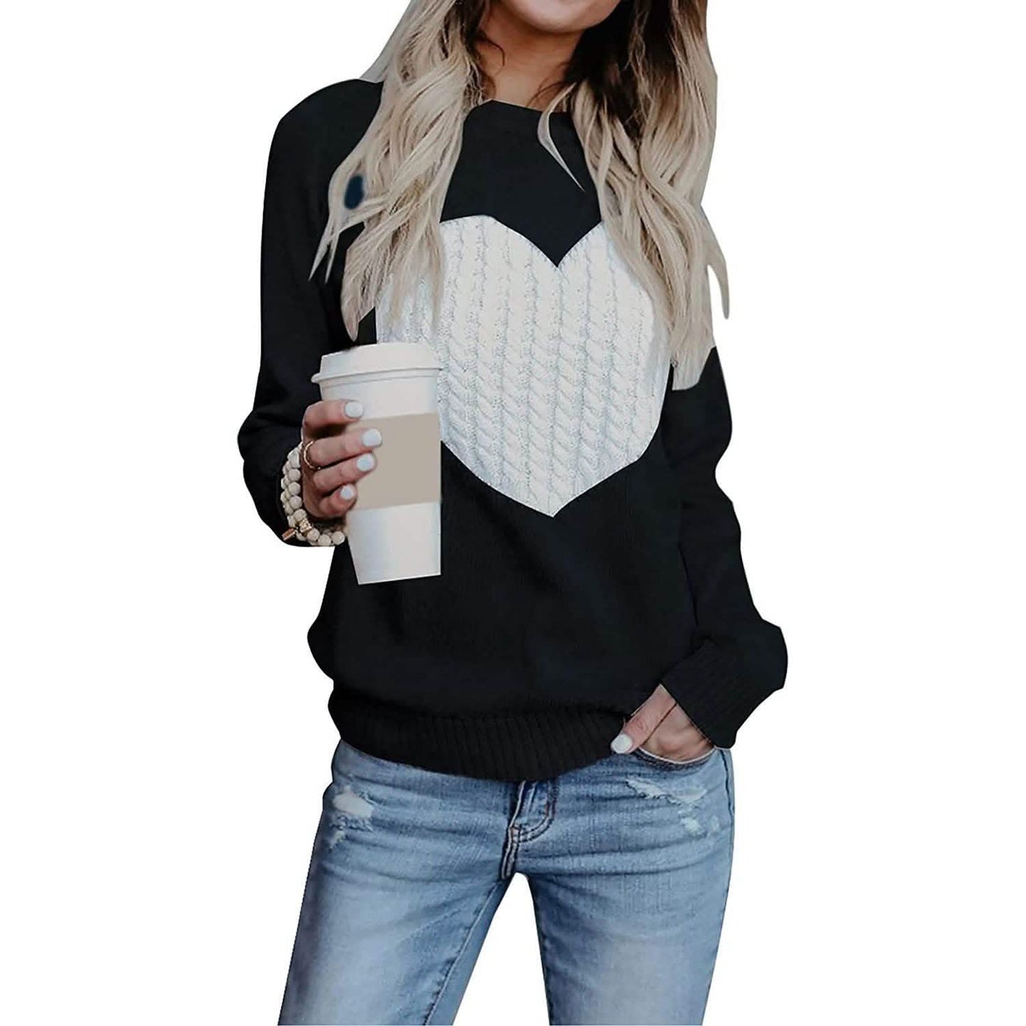 Women's Long Sleeve Crewneck Cute Heart Knitted Sweaters DailySale